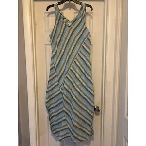 J.Jill Love Linen Maxi Dress Sundress Womens XL  Blue Green Stripe Beach Spring